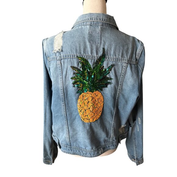 Boom Boom Jeans Denim Jacket Sequin Pineapple & Cactus Patches on Front Size XL - Picture 2 of 7
